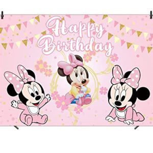Cartoon Baby Mouse Backdrop Kids 1st 2nd Birthday Pink Mouse Theme Party Photography Backdrop Girls Baby Shower Cake Table Decoration Background (7x5ft)