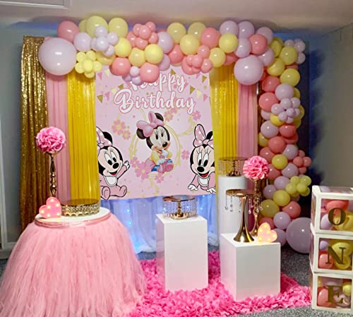 Cartoon Baby Mouse Backdrop Kids 1st 2nd Birthday Pink Mouse Theme Party Photography Backdrop Girls Baby Shower Cake Table Decoration Background (7x5ft)