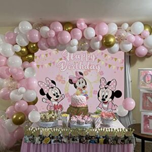 Cartoon Baby Mouse Backdrop Kids 1st 2nd Birthday Pink Mouse Theme Party Photography Backdrop Girls Baby Shower Cake Table Decoration Background (7x5ft)