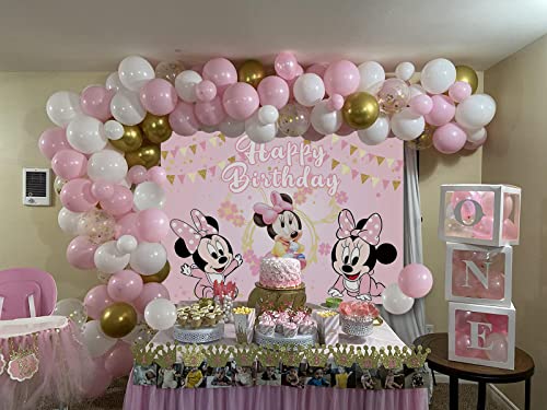 Cartoon Baby Mouse Backdrop Kids 1st 2nd Birthday Pink Mouse Theme Party Photography Backdrop Girls Baby Shower Cake Table Decoration Background (7x5ft)