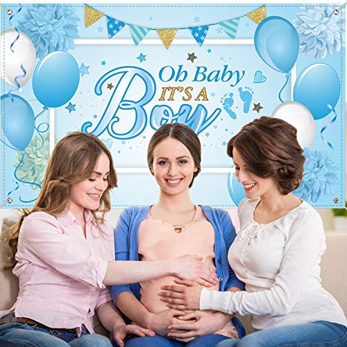 Blulu Baby Shower Party Backdrop Decorations, Large Durable Fabric Made Baby Shower Banner Backdrop Photo Booth Background for Boy's or Girl's Baby Shower Party Supplies (Boy Style)