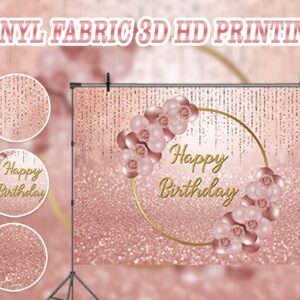 Rose Gold Happy Birthday Backdrop Pink Rose Gold Floral Balloon Rose Gold Bokeh Photography Background Women Sweet Princess Girl 16th 30th Birthday Party Dessert Cake Table Decor Props 7x5FT