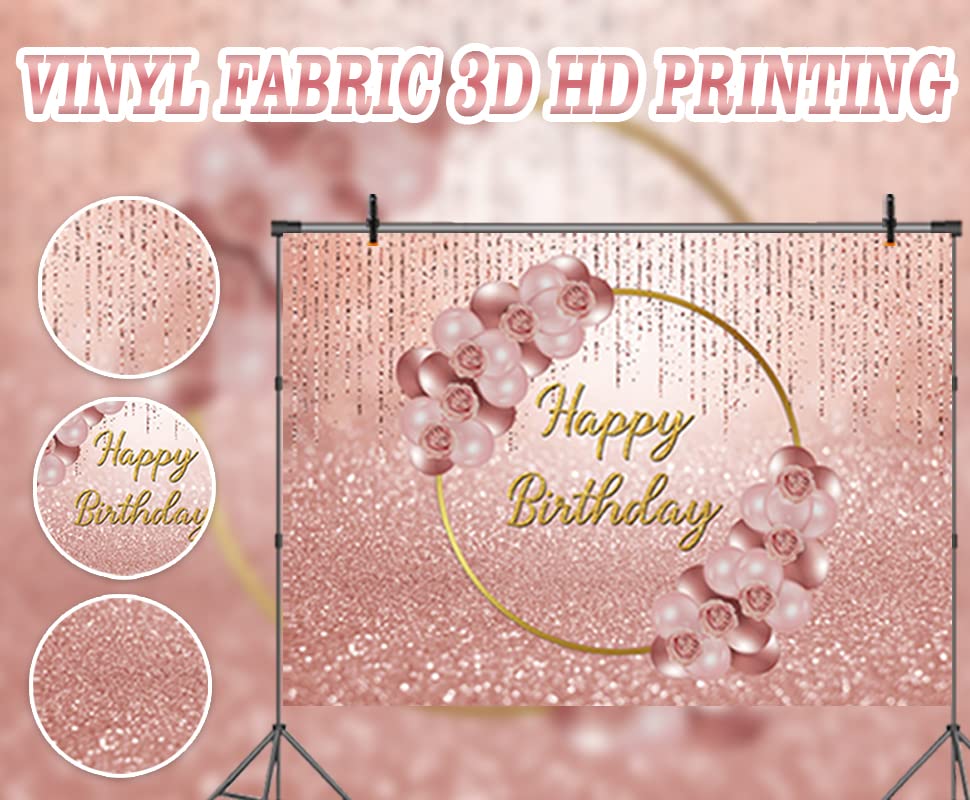 Rose Gold Happy Birthday Backdrop Pink Rose Gold Floral Balloon Rose Gold Bokeh Photography Background Women Sweet Princess Girl 16th 30th Birthday Party Dessert Cake Table Decor Props 7x5FT