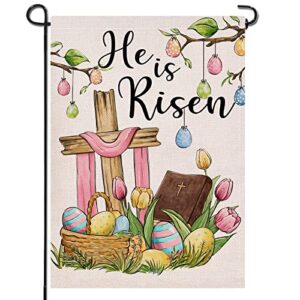 artofy he is risen easter eggs cross religious small decorative garden flag, tulip flowers faith yard lawn outside decor, spring burlap outdoor home decoration double sided 12 x 18