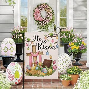 Artofy He is Risen Easter Eggs Cross Religious Small Decorative Garden Flag, Tulip Flowers Faith Yard Lawn Outside Decor, Spring Burlap Outdoor Home Decoration Double Sided 12 x 18