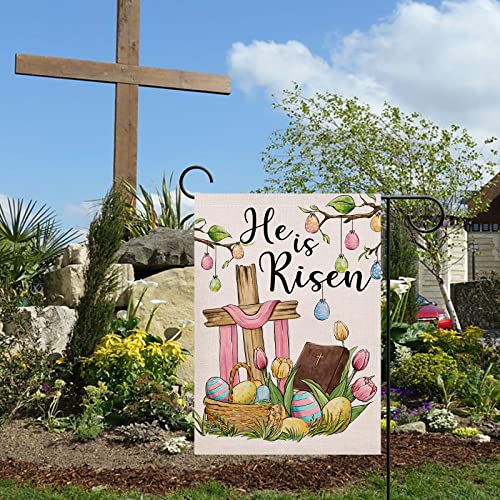 Artofy He is Risen Easter Eggs Cross Religious Small Decorative Garden Flag, Tulip Flowers Faith Yard Lawn Outside Decor, Spring Burlap Outdoor Home Decoration Double Sided 12 x 18