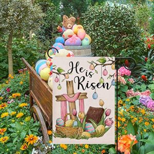 Artofy He is Risen Easter Eggs Cross Religious Small Decorative Garden Flag, Tulip Flowers Faith Yard Lawn Outside Decor, Spring Burlap Outdoor Home Decoration Double Sided 12 x 18