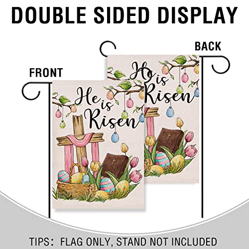 Artofy He is Risen Easter Eggs Cross Religious Small Decorative Garden Flag, Tulip Flowers Faith Yard Lawn Outside Decor, Spring Burlap Outdoor Home Decoration Double Sided 12 x 18