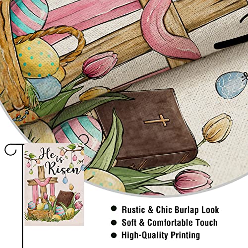 Artofy He is Risen Easter Eggs Cross Religious Small Decorative Garden Flag, Tulip Flowers Faith Yard Lawn Outside Decor, Spring Burlap Outdoor Home Decoration Double Sided 12 x 18