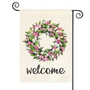 avoin colorlife welcome tulips and lily wreath garden flag double sided, seasonal spring easter mother’s day yard outdoor flag 12 x 18 inch