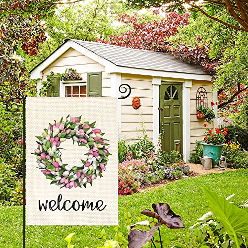 AVOIN colorlife Welcome Tulips and Lily Wreath Garden Flag Double Sided, Seasonal Spring Easter Mother's Day Yard Outdoor Flag 12 x 18 Inch