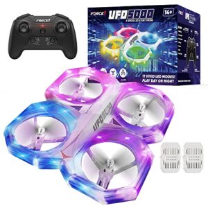 force1 ufo 5000 mini drone for kids – led remote control drone flying toy, small rc quadcopter for beginners with leds, 2.4 ghz remote control, 360 flips, 11 led modes, 3 speeds, 2 ufo drone batteries