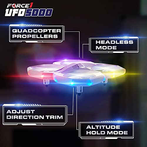 Force1 UFO 5000 Mini Drone for Kids - LED Remote Control Drone Flying Toy, Small RC Quadcopter for Beginners with Leds, 2.4 GHz Remote Control, 360 Flips, 11 LED Modes, 3 Speeds, 2 UFO Drone Batteries