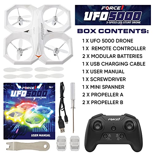 Force1 UFO 5000 Mini Drone for Kids - LED Remote Control Drone Flying Toy, Small RC Quadcopter for Beginners with Leds, 2.4 GHz Remote Control, 360 Flips, 11 LED Modes, 3 Speeds, 2 UFO Drone Batteries