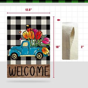 CMEGKE Spring Summer Truck Tulip Welcome Garden Flag, Spring Summer Floral Buffalo Plaid Garden Flag Spring Summer Garden Flag Rustic Vertical Double Sided Burlap Spring Floral Holiday Party Farmhouse Yard Home Outside Decor 12.5 x 18 In