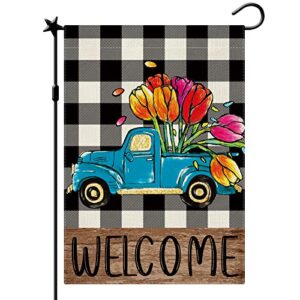 cmegke spring summer truck tulip welcome garden flag, spring summer floral buffalo plaid garden flag spring summer garden flag rustic vertical double sided burlap spring floral holiday party farmhouse yard home outside decor 12.5 x 18 in
