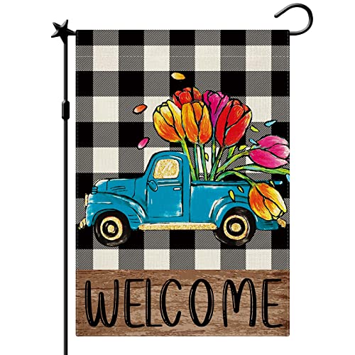 CMEGKE Spring Summer Truck Tulip Welcome Garden Flag, Spring Summer Floral Buffalo Plaid Garden Flag Spring Summer Garden Flag Rustic Vertical Double Sided Burlap Spring Floral Holiday Party Farmhouse Yard Home Outside Decor 12.5 x 18 In