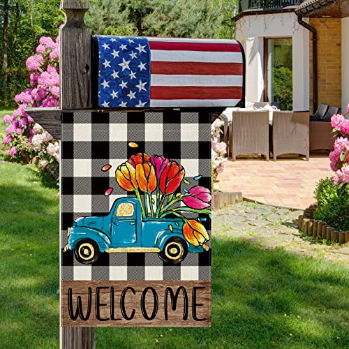 CMEGKE Spring Summer Truck Tulip Welcome Garden Flag, Spring Summer Floral Buffalo Plaid Garden Flag Spring Summer Garden Flag Rustic Vertical Double Sided Burlap Spring Floral Holiday Party Farmhouse Yard Home Outside Decor 12.5 x 18 In