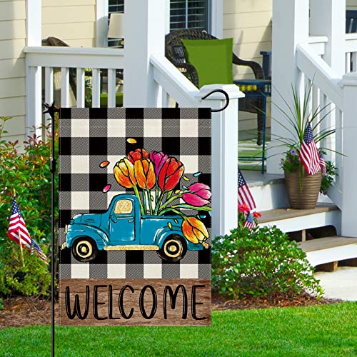 CMEGKE Spring Summer Truck Tulip Welcome Garden Flag, Spring Summer Floral Buffalo Plaid Garden Flag Spring Summer Garden Flag Rustic Vertical Double Sided Burlap Spring Floral Holiday Party Farmhouse Yard Home Outside Decor 12.5 x 18 In