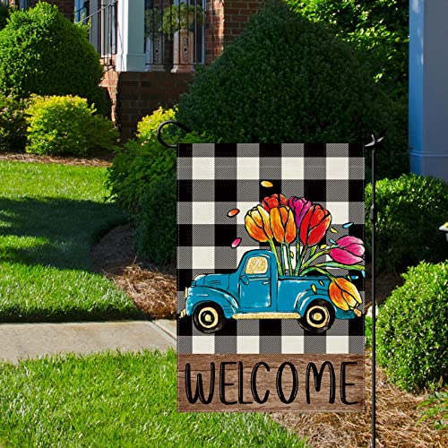 CMEGKE Spring Summer Truck Tulip Welcome Garden Flag, Spring Summer Floral Buffalo Plaid Garden Flag Spring Summer Garden Flag Rustic Vertical Double Sided Burlap Spring Floral Holiday Party Farmhouse Yard Home Outside Decor 12.5 x 18 In