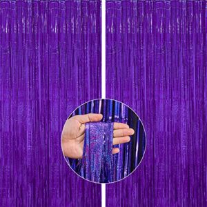 partywoo 2 pcs purple foil fringe curtain, metallic tinsel fringe backdrop door fringe, purple streamers backdrop for mermaid birthday party decorations, party photo backdrop, bachelorette party decor