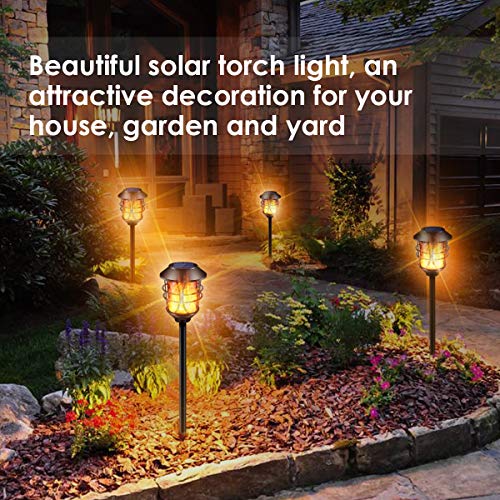 TomCare Solar Lights Metal Flickering Flame Solar Torches Lights Waterproof Outdoor Heavy Duty Lighting Solar Pathway Lights Landscape Lighting Dusk to Dawn Auto On/Off for Garden Patio Yard, 4 Pack