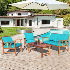 Tangkula 8 PCS Acacia Wood Patio Furniture Set, Outdoor Seating Chat Set w/Gray Cushions Back Pillow, Outdoor Conversation Set w/Coffee Table for Garden, Backyard, Poolside