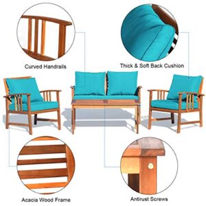 Tangkula 8 PCS Acacia Wood Patio Furniture Set, Outdoor Seating Chat Set w/Gray Cushions Back Pillow, Outdoor Conversation Set w/Coffee Table for Garden, Backyard, Poolside