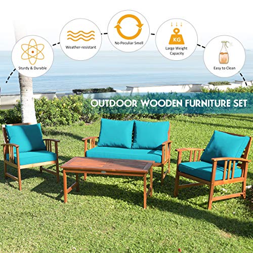 Tangkula 8 PCS Acacia Wood Patio Furniture Set, Outdoor Seating Chat Set w/Gray Cushions Back Pillow, Outdoor Conversation Set w/Coffee Table for Garden, Backyard, Poolside