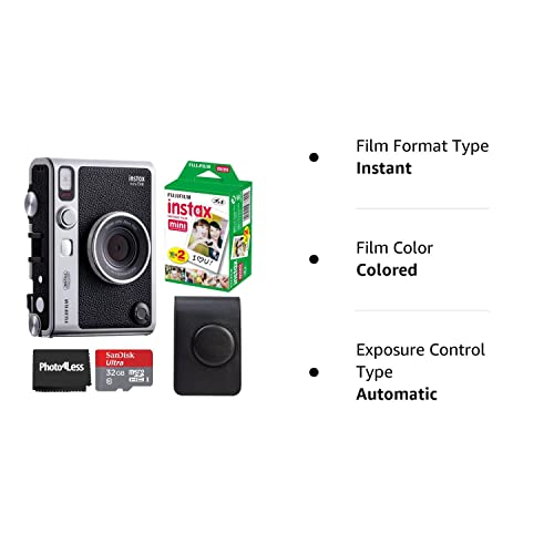 Fujifilm Instax Mini EVO Hybrid Black Instant Camera | Instax Mini Twin Pack Instant Film | 32GB microSD Card with Adapter | Black Camera Case