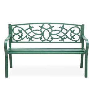 outogether steel bench metal bench for outdoor, garden bench for patio porch backyard, floral design backrest slatted seat (green)