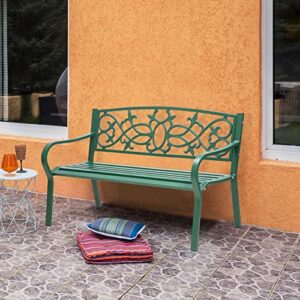 Outogether Steel Bench Metal Bench for Outdoor, Garden Bench for Patio Porch Backyard, Floral Design Backrest Slatted Seat (Green)