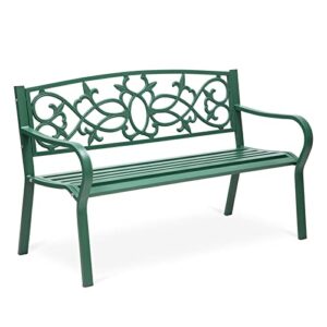 Outogether Steel Bench Metal Bench for Outdoor, Garden Bench for Patio Porch Backyard, Floral Design Backrest Slatted Seat (Green)