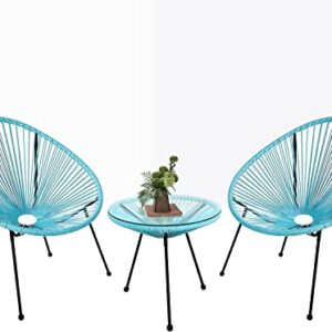 Patiomore 3-Piece Acapulco Chairs Set Rattan Outdoor Furniture Set, All- Weather Patio Conversation Bistro Set with 2 Woven Chairs and 1 Glass Table for Indoor, Balcony, Lawn Garden-Blue