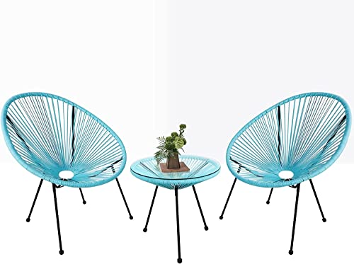 Patiomore 3-Piece Acapulco Chairs Set Rattan Outdoor Furniture Set, All- Weather Patio Conversation Bistro Set with 2 Woven Chairs and 1 Glass Table for Indoor, Balcony, Lawn Garden-Blue