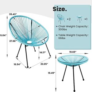 Patiomore 3-Piece Acapulco Chairs Set Rattan Outdoor Furniture Set, All- Weather Patio Conversation Bistro Set with 2 Woven Chairs and 1 Glass Table for Indoor, Balcony, Lawn Garden-Blue