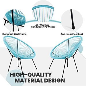 Patiomore 3-Piece Acapulco Chairs Set Rattan Outdoor Furniture Set, All- Weather Patio Conversation Bistro Set with 2 Woven Chairs and 1 Glass Table for Indoor, Balcony, Lawn Garden-Blue