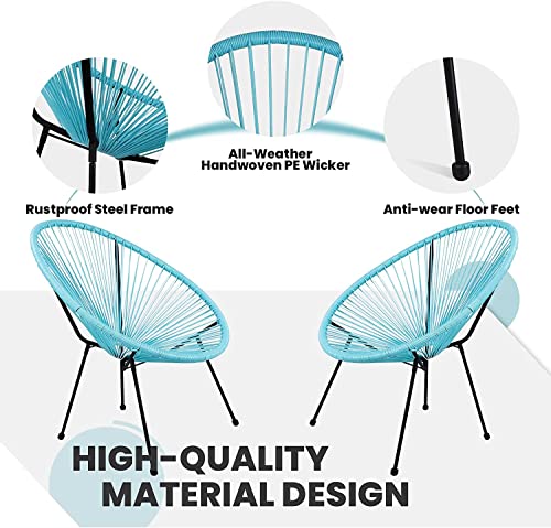 Patiomore 3-Piece Acapulco Chairs Set Rattan Outdoor Furniture Set, All- Weather Patio Conversation Bistro Set with 2 Woven Chairs and 1 Glass Table for Indoor, Balcony, Lawn Garden-Blue