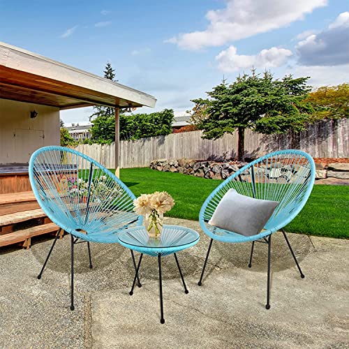 Patiomore 3-Piece Acapulco Chairs Set Rattan Outdoor Furniture Set, All- Weather Patio Conversation Bistro Set with 2 Woven Chairs and 1 Glass Table for Indoor, Balcony, Lawn Garden-Blue