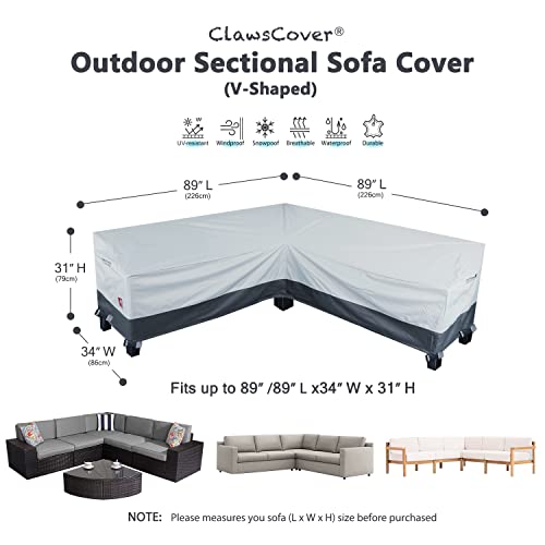 ClawsCover V-Shaped Outdoor Patio Sectional Sofa Cover Waterproof Heavy Duty Fadeless 600D Polyester Weatherproof Garden Couch Furniture Sectional Set Cover,89L/89Lx34Dx31H Inch
