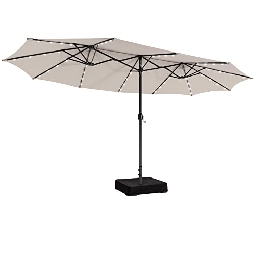 Giantex 15ft Large Outdoor Umbrella Double-Sided, 48 Solar Lights, Auto-Charging Solar Panel, Extra Large Patio Umbrella with Base and Crank, Outdoor Market Umbrellas for Poolside Garden (Beige)