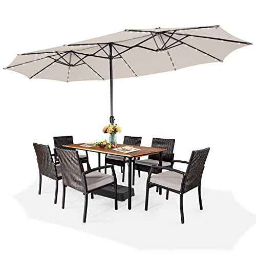 Giantex 15ft Large Outdoor Umbrella Double-Sided, 48 Solar Lights, Auto-Charging Solar Panel, Extra Large Patio Umbrella with Base and Crank, Outdoor Market Umbrellas for Poolside Garden (Beige)