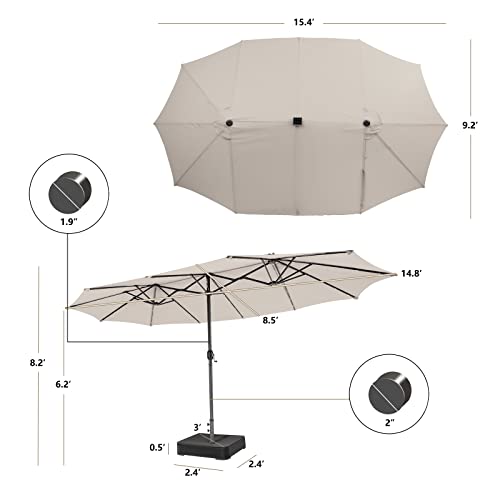 Giantex 15ft Large Outdoor Umbrella Double-Sided, 48 Solar Lights, Auto-Charging Solar Panel, Extra Large Patio Umbrella with Base and Crank, Outdoor Market Umbrellas for Poolside Garden (Beige)