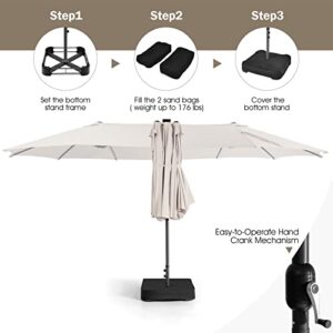 Giantex 15ft Large Outdoor Umbrella Double-Sided, 48 Solar Lights, Auto-Charging Solar Panel, Extra Large Patio Umbrella with Base and Crank, Outdoor Market Umbrellas for Poolside Garden (Beige)