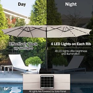 Giantex 15ft Large Outdoor Umbrella Double-Sided, 48 Solar Lights, Auto-Charging Solar Panel, Extra Large Patio Umbrella with Base and Crank, Outdoor Market Umbrellas for Poolside Garden (Beige)