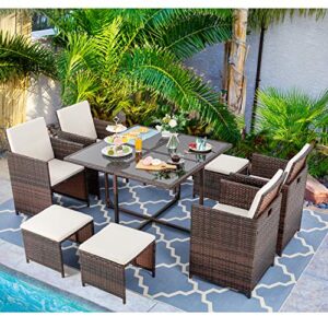 vongrasig 9 piece small patio dining set, outdoor space saving pe wicker dining patio furniture conversation set w/glass patio dining table & cushioned rattan chairs for lawn garden backyard (beige)