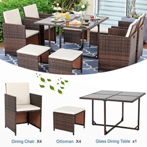 Vongrasig 9 Piece Small Patio Dining Set, Outdoor Space Saving PE Wicker Dining Patio Furniture Conversation Set w/Glass Patio Dining Table & Cushioned Rattan Chairs for Lawn Garden Backyard (Beige)
