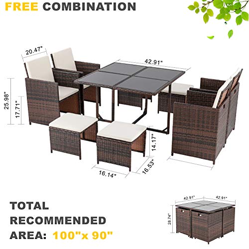 Vongrasig 9 Piece Small Patio Dining Set, Outdoor Space Saving PE Wicker Dining Patio Furniture Conversation Set w/Glass Patio Dining Table & Cushioned Rattan Chairs for Lawn Garden Backyard (Beige)