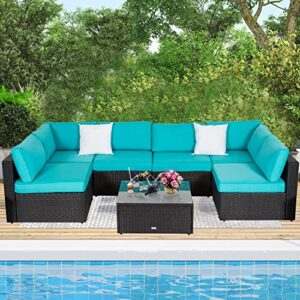 aiit kinlife 7pcs patio furniture sets, patio sectional sofas, all-weather black pe wicker outdoor couch patio seating with pillows & coffee table, turquoise