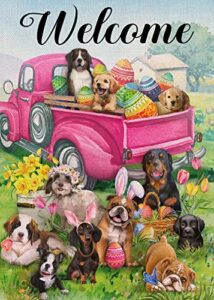 covido home decorative welcome easter eggs pink truck dog garden flag, country puppy house yard daffodil tulip daisy flowers outside decoration, spring floral outdoor small decor double sided 12 x 18